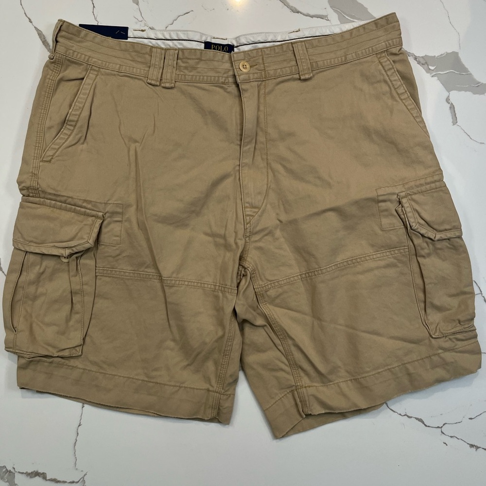 Polo by Ralph Lauren Khaki Cargo Shorts Classic Style, Soft Almond, Size 42, NWT